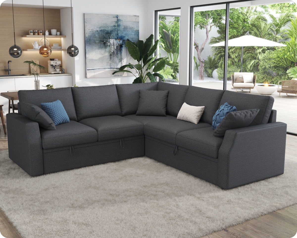 VANACC 85" L-Shaped Sleeper Sofa Bed with Storage, Grey Linen Couch