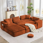  Sectional Sofa, Oversized Sectional Couch Convertible Sofa Bed, 6 Seat Corduroy Sofa Couch with Side Pocket for Living Room, No Assembly Orange