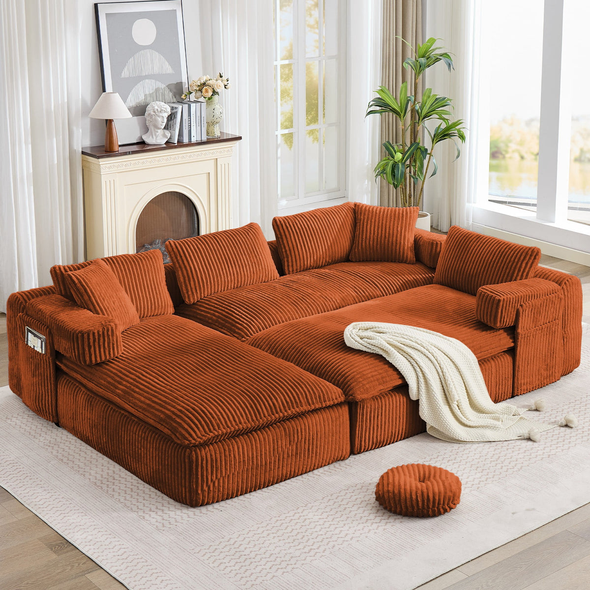  Sectional Sofa, Oversized Sectional Couch Convertible Sofa Bed, 6 Seat Corduroy Sofa Couch with Side Pocket for Living Room, No Assembly Orange