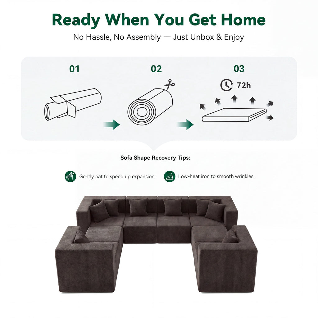  130" 8-Piece Modular Sectional Sofa with Ottomans, U-Shaped Pit Couch for Living Room, Modern Teddy Fabric Cloud Couch Set, Large Sleeper Sofa with Deep Seats, Coffee Brown