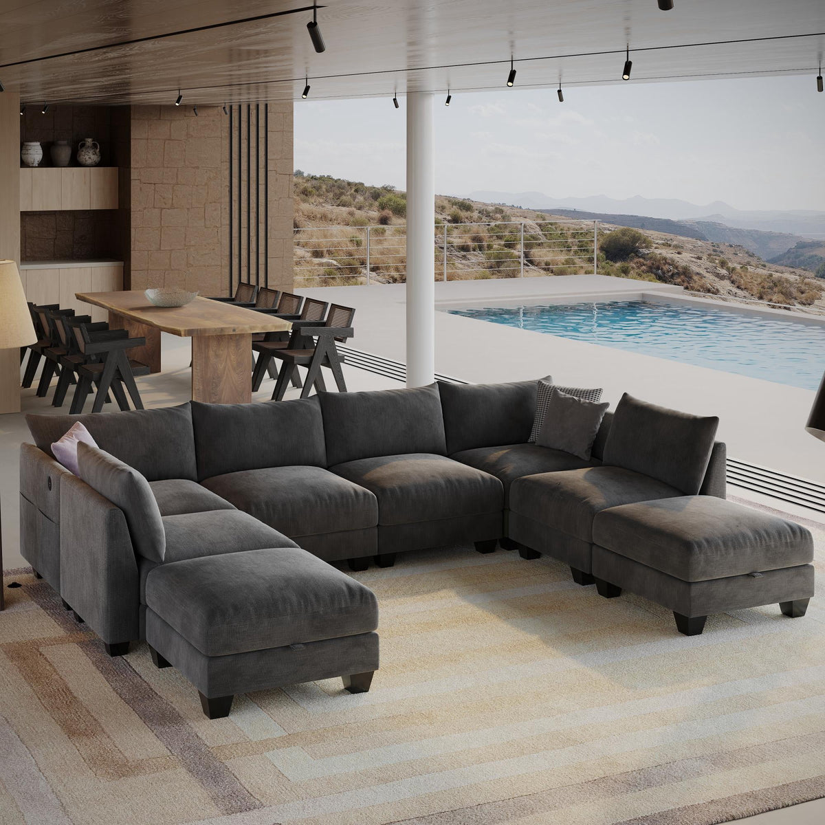 124" Modern Cloud Modular Sectional Sofa, 8-Seater U-Shaped Chenille Couch with Storage Ottoman and USB Charging Ports for Living Room