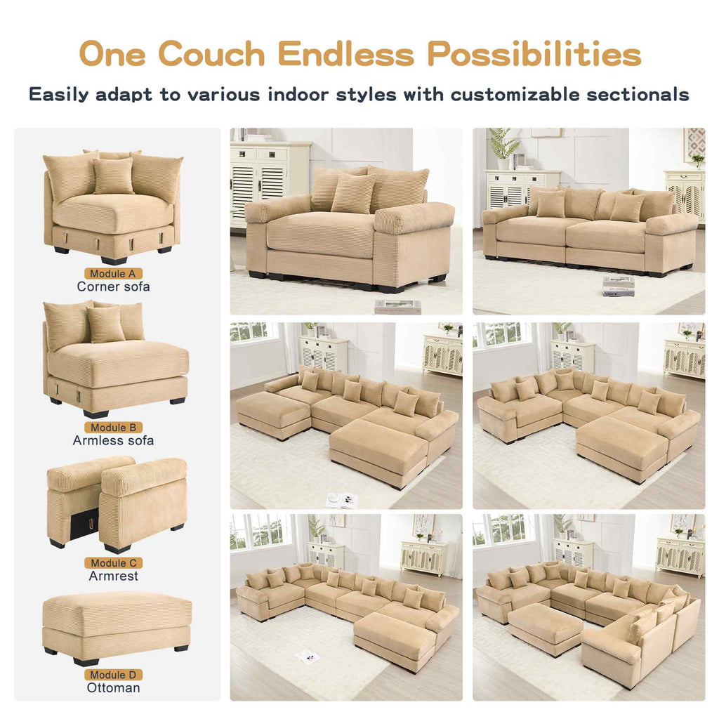 FFH 130" Oversized Modular Cloud Sofa, Cloud Sectional Couch for Living Room, 3 Seater Corduroy Sofa with Deep Seat, Easy Assembly, Camel