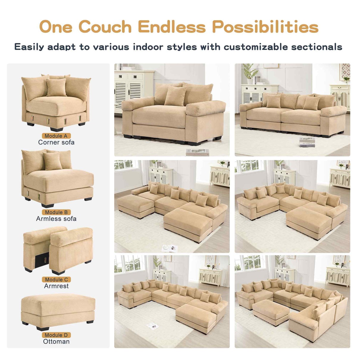 FFH 130" Oversized Modular Cloud Sofa, Cloud Sectional Couch for Living Room, 3 Seater Corduroy Sofa with Deep Seat, Easy Assembly, Camel