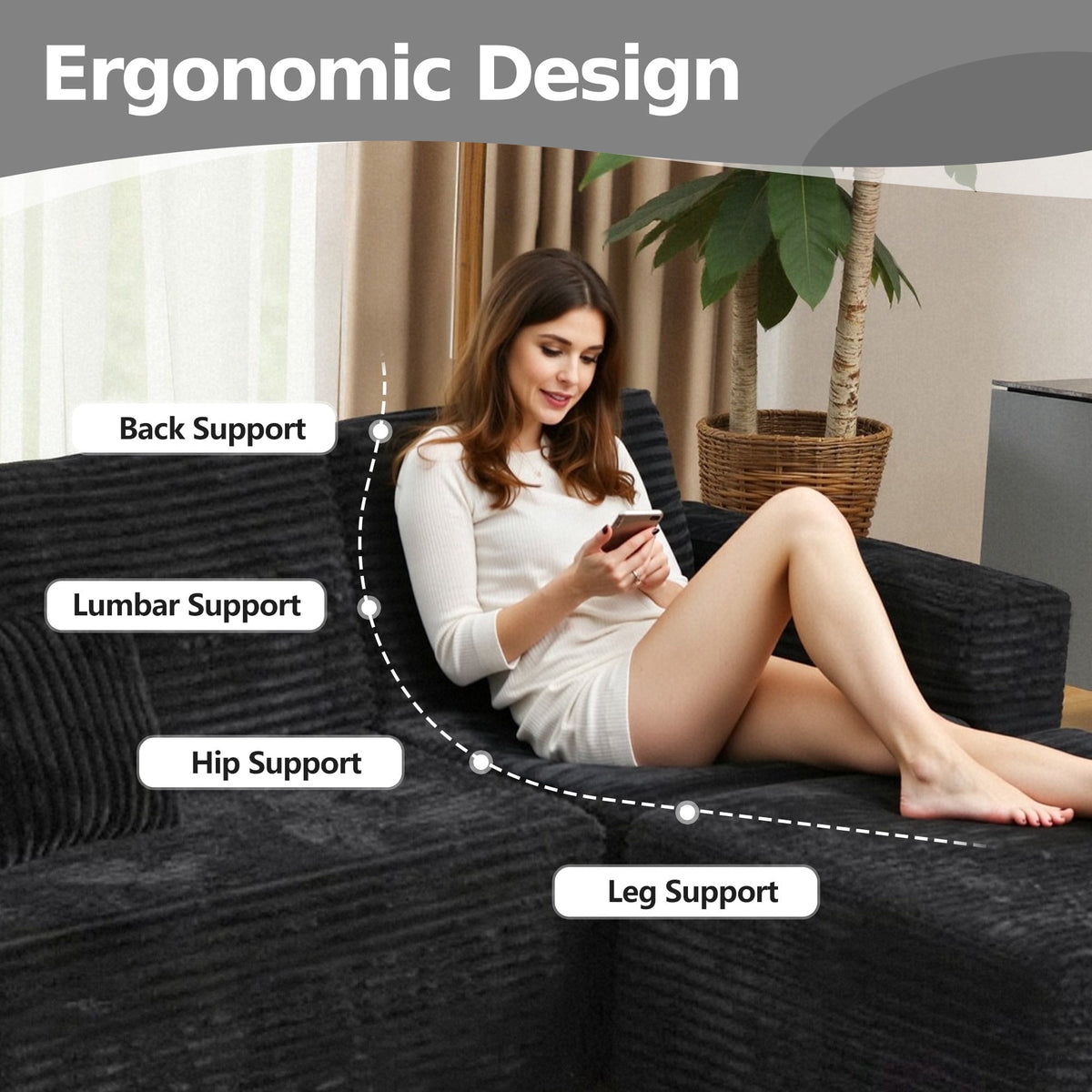 Pionex 108" Sectional Couch with Ottoman, Cloud Modular Boneless Couch, Deep Seat U-Shaped Sofa, Upholstered 3-Seater Sofas for Living Room, No Assembly Required
