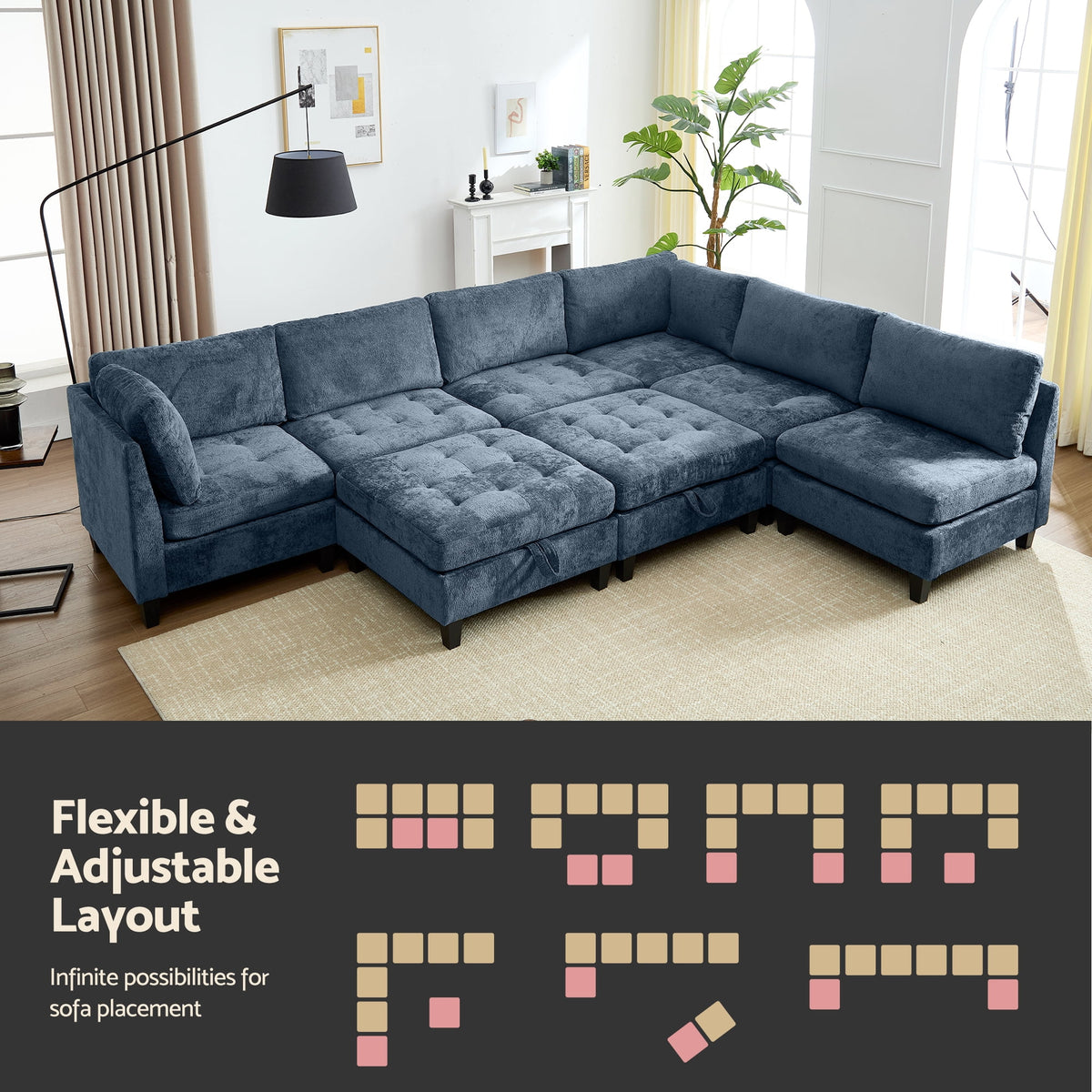 Advwin Oversized Modular Sectional Sofa, 8 Seat Plush Chenille Couch with Storage Ottomans & Thick Cushions, Modern Comfy Convertible L Shaped Sleeper Sofa Bed for Living Room, Blue