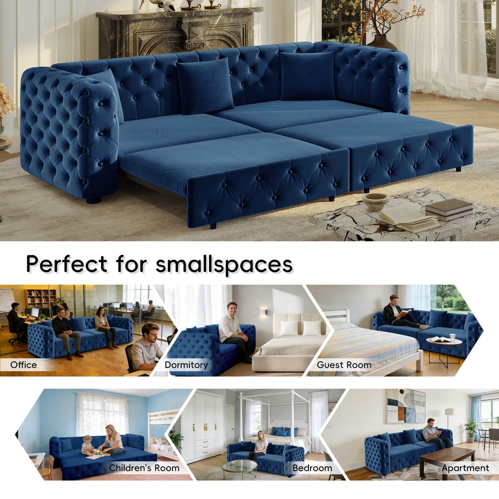  Pull Out Sofa Bed King Size, 89" Chesterfield Sofa Couch Convertible Sofa Bed, Velvet Loveseat Sofa with Tufted Design for Living Room Blue