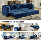  Pull Out Sofa Bed King Size, 89" Chesterfield Sofa Couch Convertible Sofa Bed, Velvet Loveseat Sofa with Tufted Design for Living Room Blue