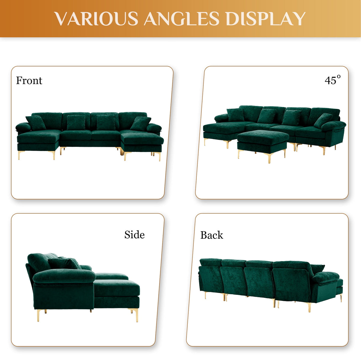 Wiilayok 114" U-Shaped Sectional Sofa,Velvet Modular 4 Seat Sofa Set for Living Room,Convertible L Shaped Sofa Couch Set with Chaise Lounge, Ottoman and Pillows
