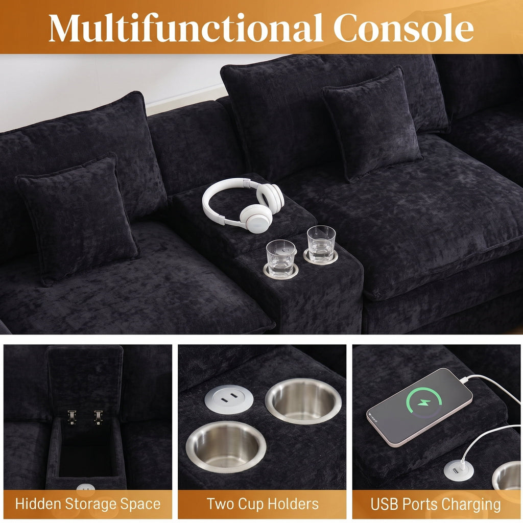 AISWORD 145" Modular U-Shaped Cloud Couch Sectional, Chenille 6-Seat Sofa with Double Chaise, Center Console, USB Charging, Hidden Storage & Cup Holders for Living Room, Black