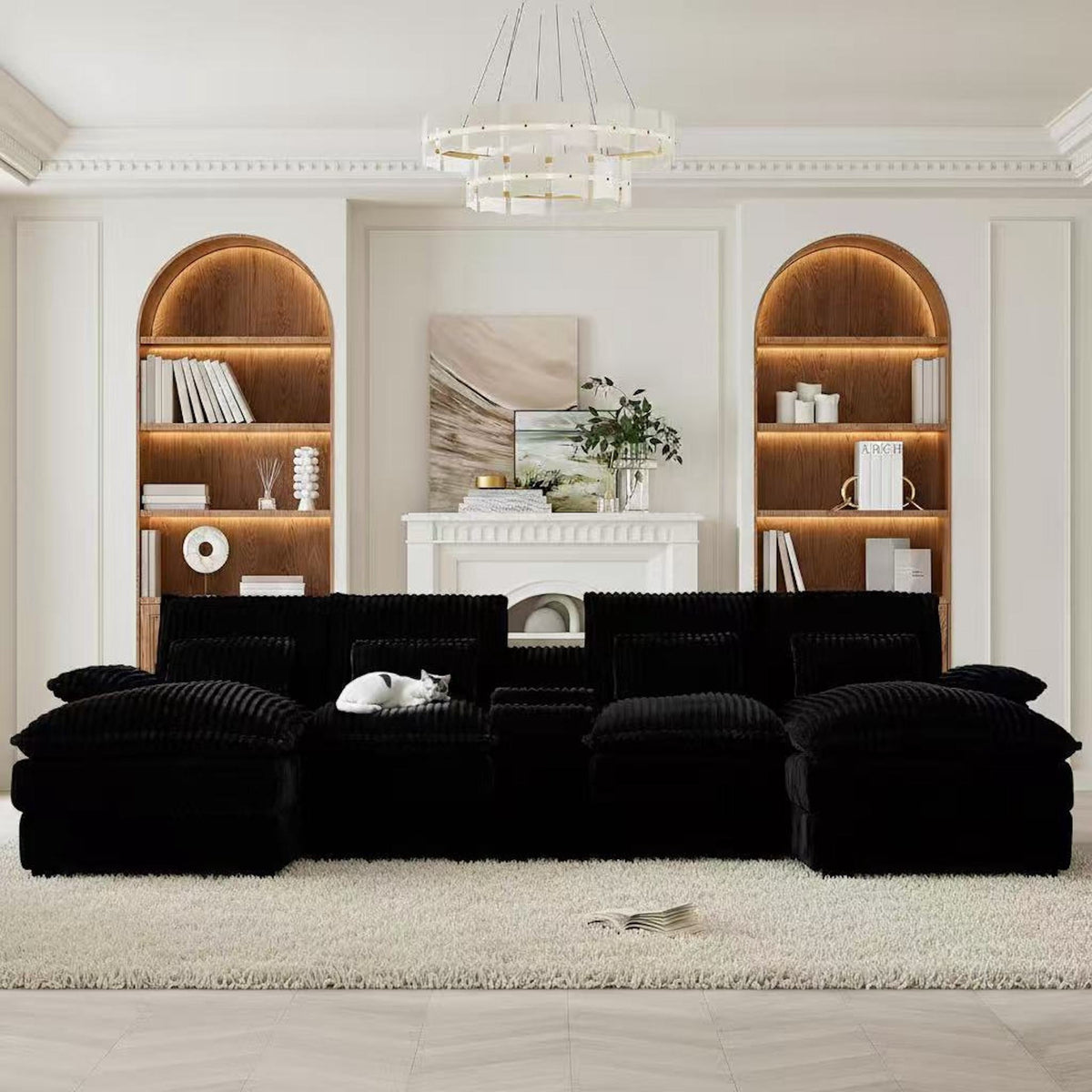 Vinform 124" U Shaped Cloud Couch Sectional with USB Charging, Hidden Storage, Cup Holders & Double Chaise, Black