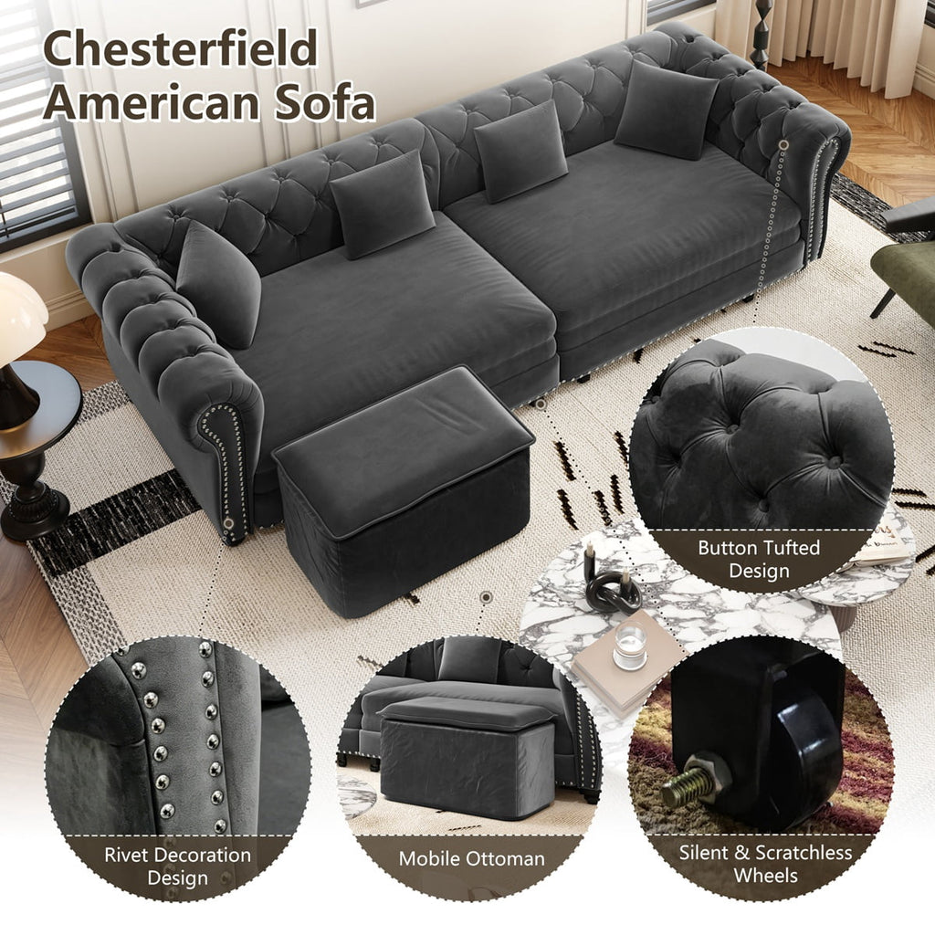 89'' Pull Out Sofa Bed King, Chesterfield Velvet Sleeper Sofa, Convertible L-Shaped Futon Couch, Tufted Back, 4 Pillows, Ottoman, Deep Seat Loveseat Couches for Living Room, Apartment, Gray