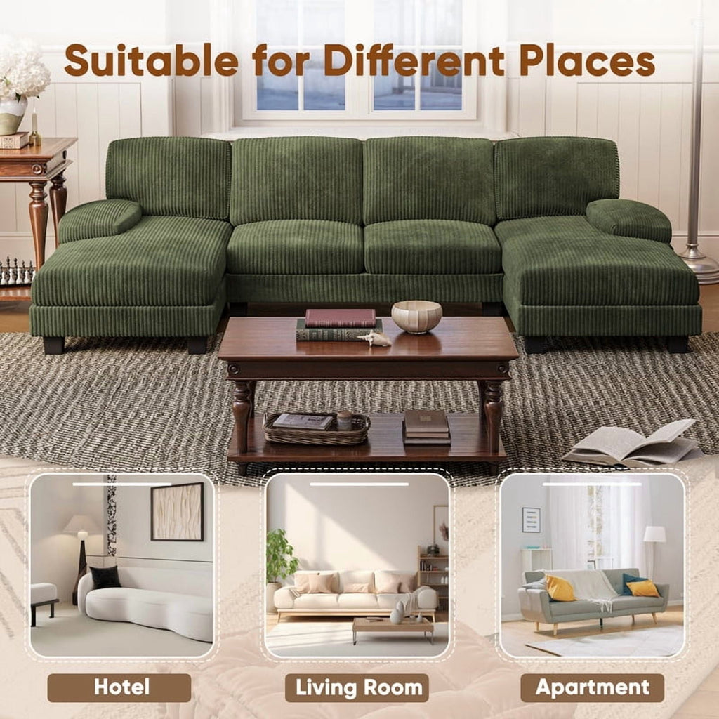  U Shaped Sectional Sofa Couch with Double Chaise for Apartments,Corduroy Green