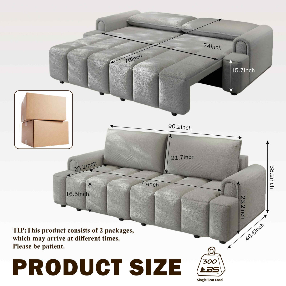 FFH 90.2" Pull Out Sofa Bed with Storage, 3-in-1 Convertible Sleeper Sofa King Size, Modern 4-Seater Teddy Couch for Living Room, Gray
