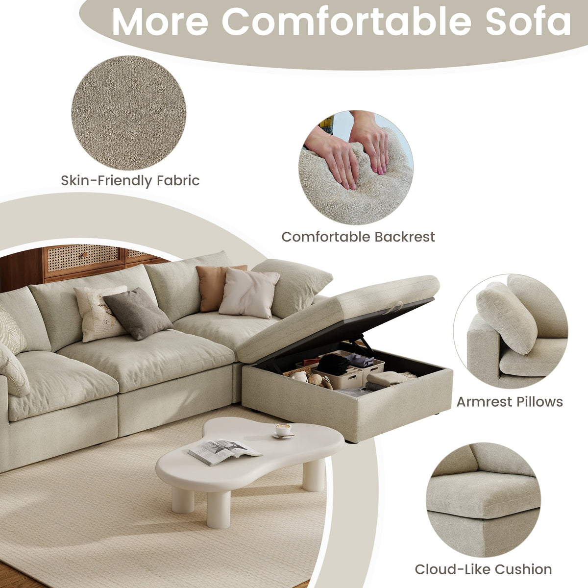 The Magic Home 118" Sofa Couch, Cloud Modular Sectional Sofa with Removable Storage Ottoman, L Shaped Linen Modern Comfy for Living Room, Apartment, Office, DIY Combination, 3 Seater Khaki Couch
