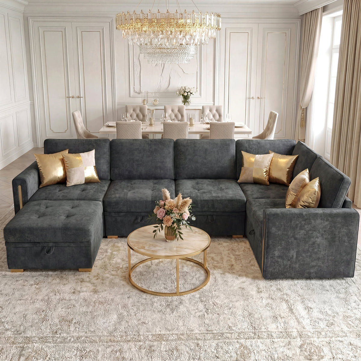 Advwin 126" U-Shaped Oversized Modular Sectional Sofa with Ottoman, Storage Under Each Seat & Gold Metal Accents, 5-Seater Modern Luxury Chenille Convertible Cloud Couch for Living Room, Dark Gray