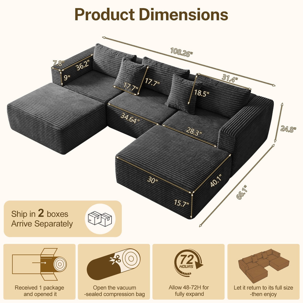 NNSNG 110"U-Shaped Sectional Sofa,5-Seater Boneless Couch Soft Corduroy Fabric Sofa for Living Room,No Assembly Required ,Black