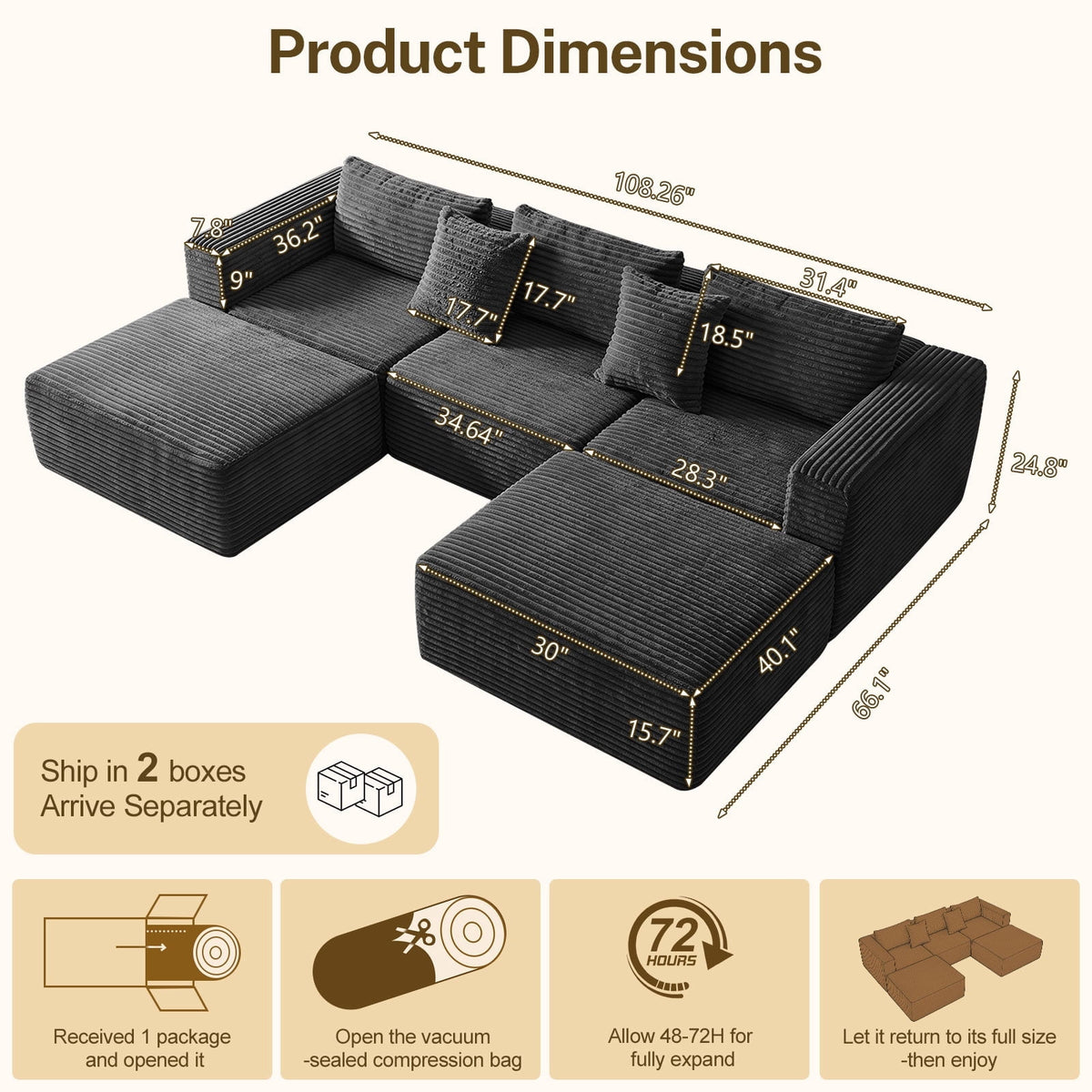 NNSNG 110"U-Shaped Sectional Sofa,5-Seater Boneless Couch Soft Corduroy Fabric Sofa for Living Room,No Assembly Required ,Black