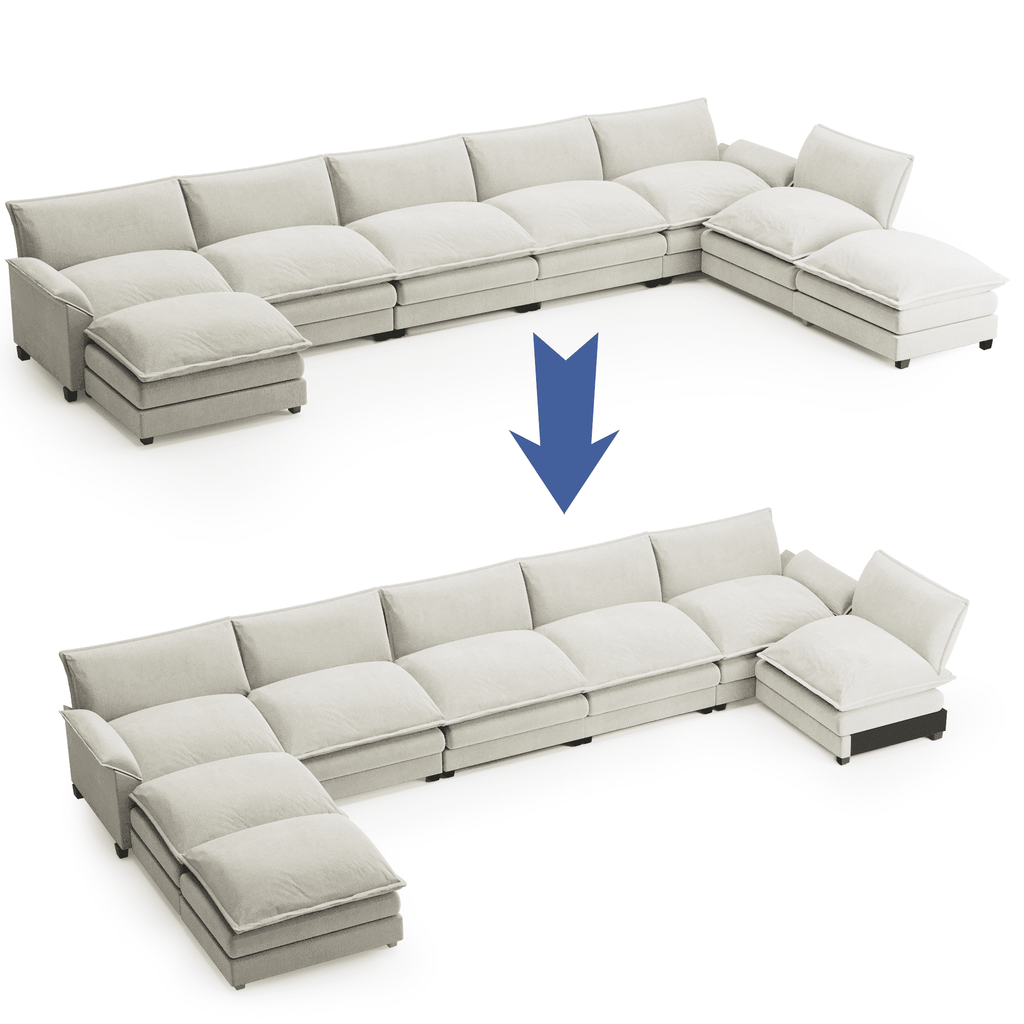  8-Seats Modular Sectional Sofa, U-Shaped Cloud Couch with Ottomans, Oversized Deep Seat Convertible Sofa Set for Living Room, Chenille, White