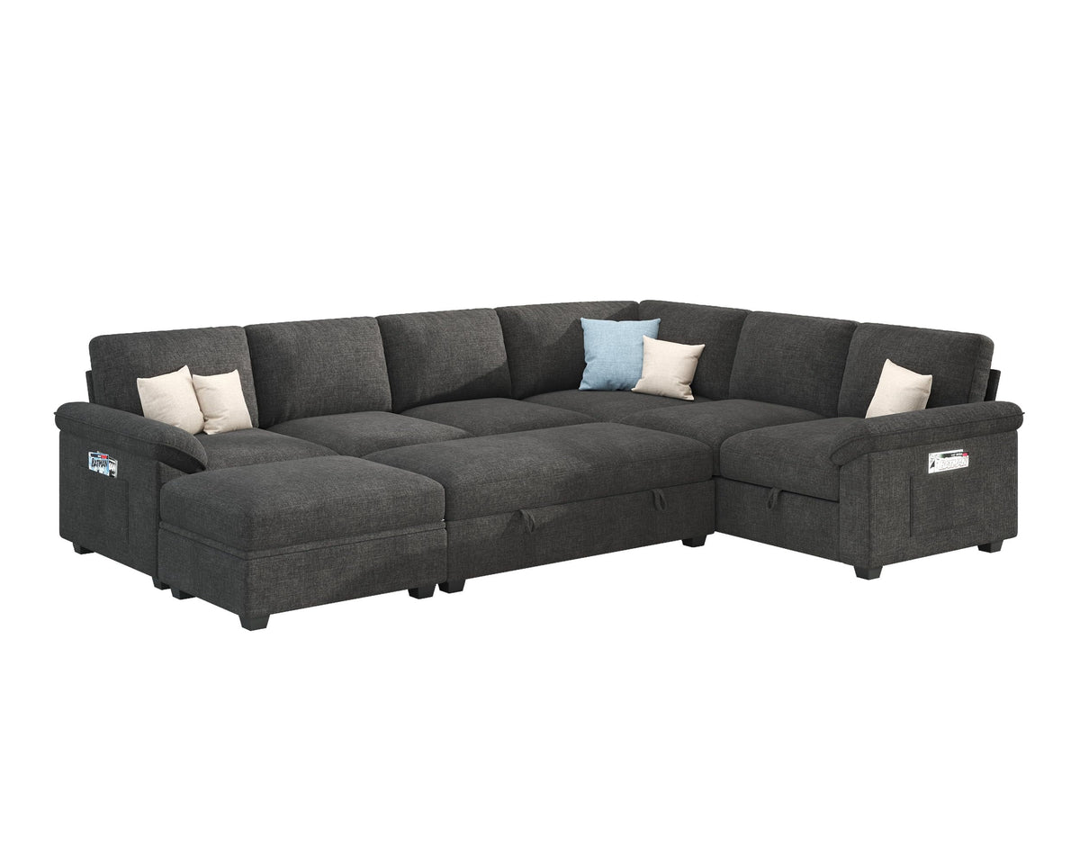 Papajet 105" Sofa Bed, Sectional Sleeper Sofa with Pull Out Bed/Reclining Backrest, 6 Seater Sleeper Couch Bed with Storage, Chenille Dark Gray