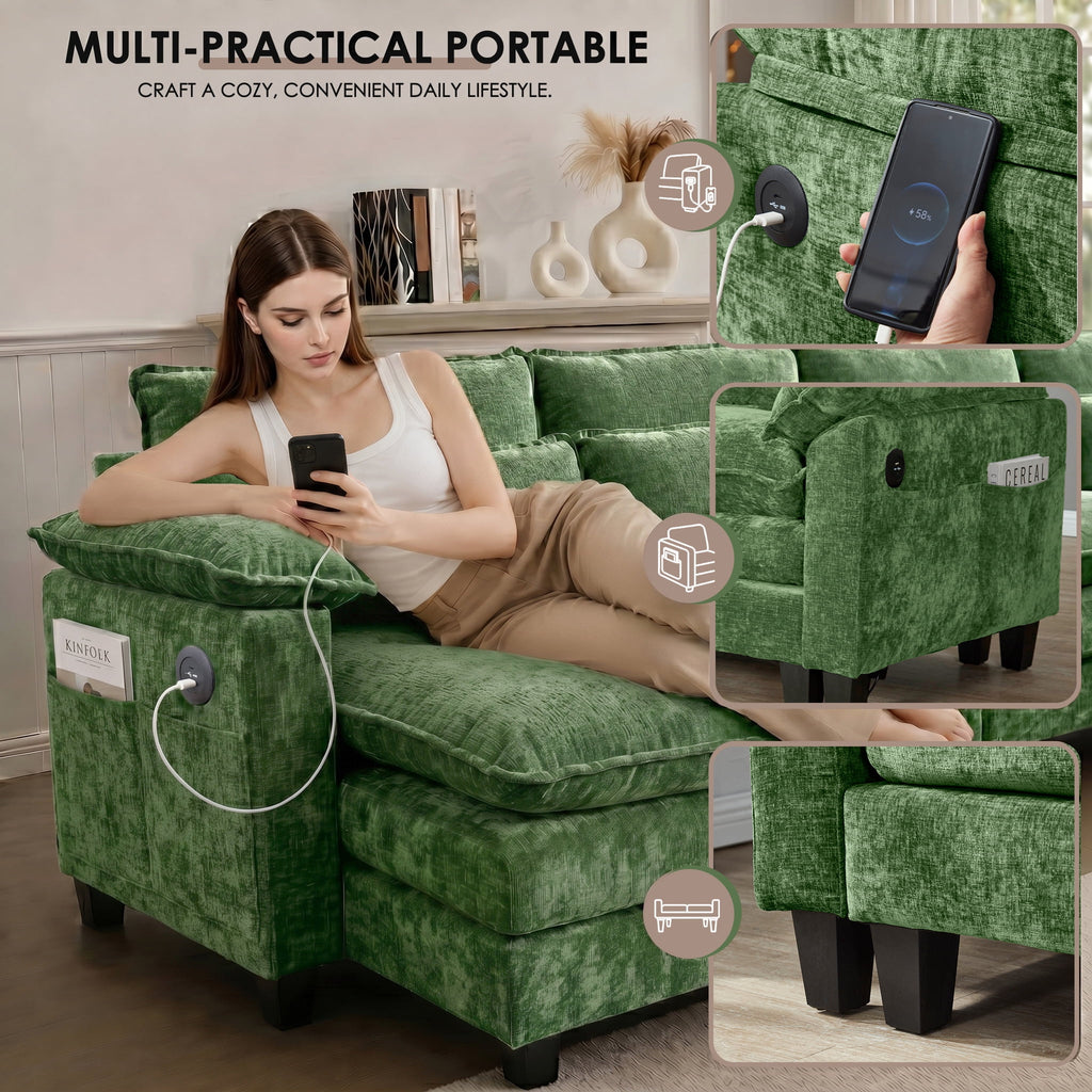 AISWORD 157" U Shaped Cloud Couch Sectional, Oversized Modular Sofa with USB Charging, Hidden Storage, Cup Holders & Double Chaise for Living Room, Green
