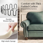 Genuine Leather 3 Seater Sofa with Rolled Arms Nailhead Trims Solid Wooden Legs Living Room Reading Sage