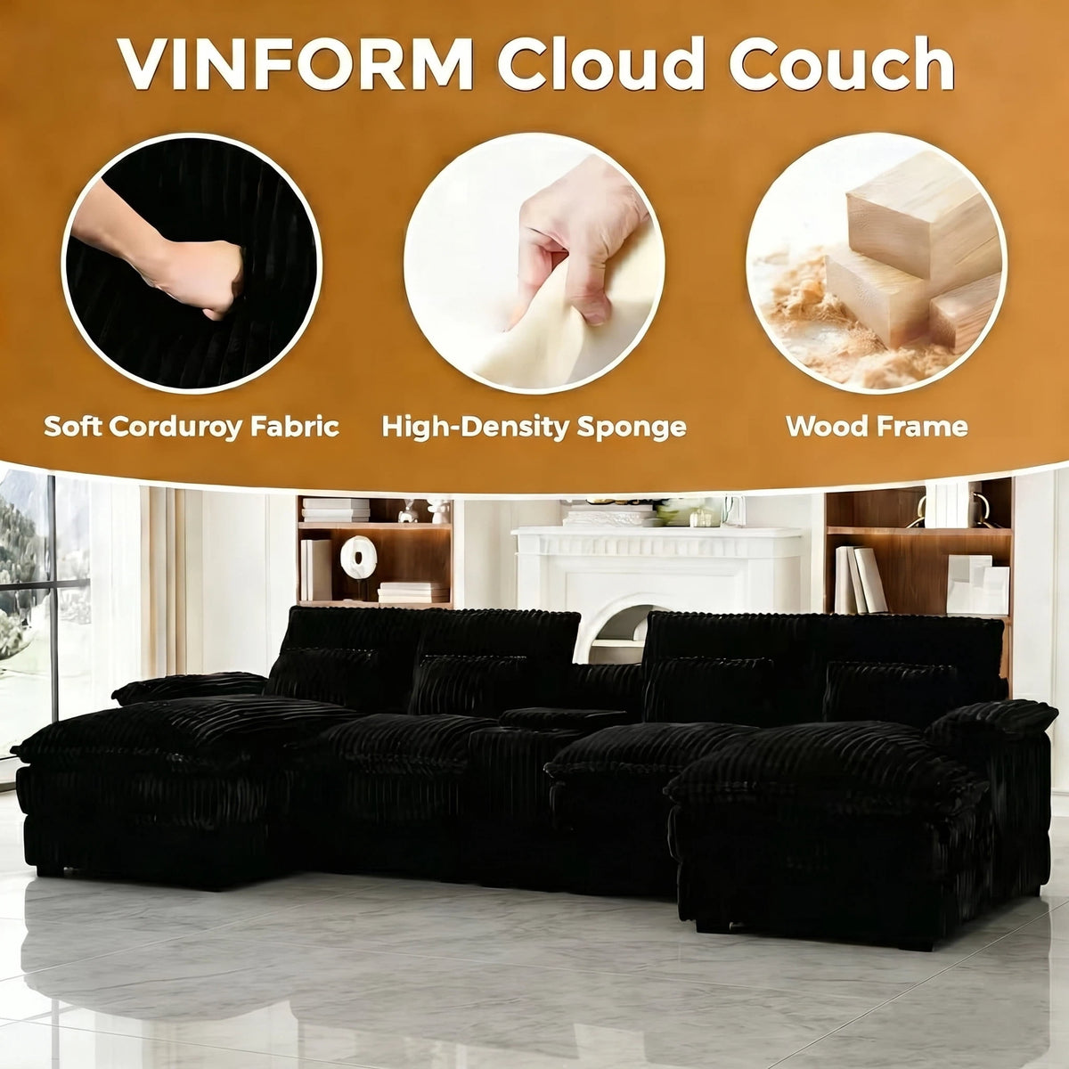 Vinform 124" U Shaped Cloud Couch Sectional with USB Charging, Hidden Storage, Cup Holders & Double Chaise, Black