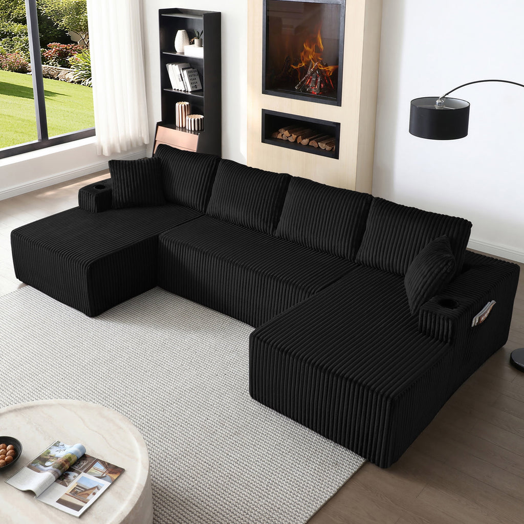  124 Inch U Shaped Modular Sectional Sofa, Modern Corduroy Boneless Sofa for Living Room, Upholstered Deep Seat Cloud Sofas Couches, No Assembly Required, Black