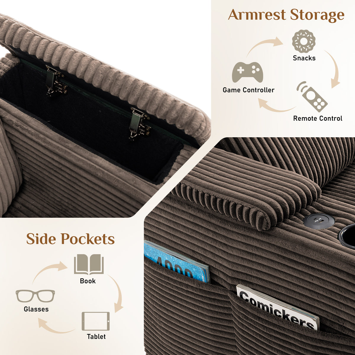 Wiilayok 110" Oversized U-Shaped Cloud Couch Sectional with Modular Design for Living Room: Comfy Corduroy, Ottoman, USB Port, Cup Holder, Armrest Storage, Side Pocket, Brown