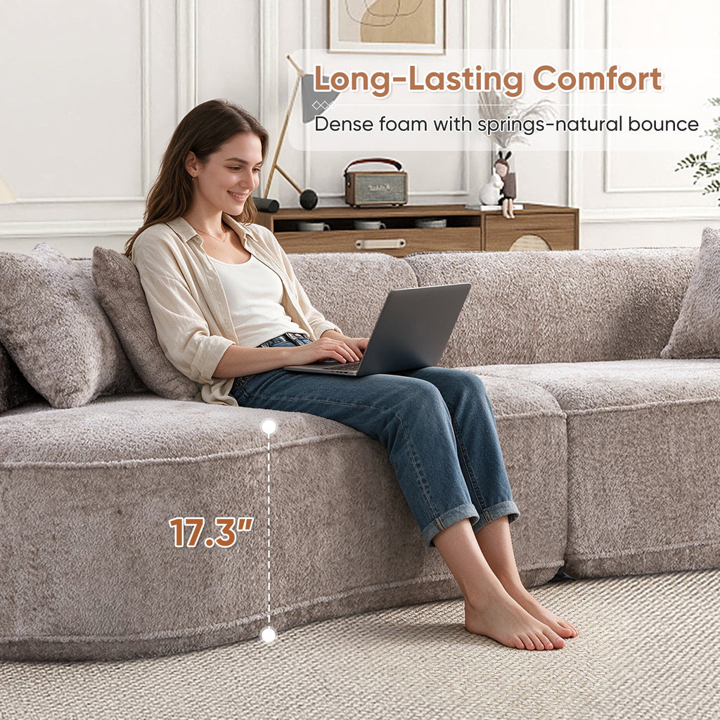 Muumblus 114" Oversized Curved Sofa, Modern Sectional Boneless Cloud Couch, No Assembly Required Floor Sofa for Living Room, Camel Boucle