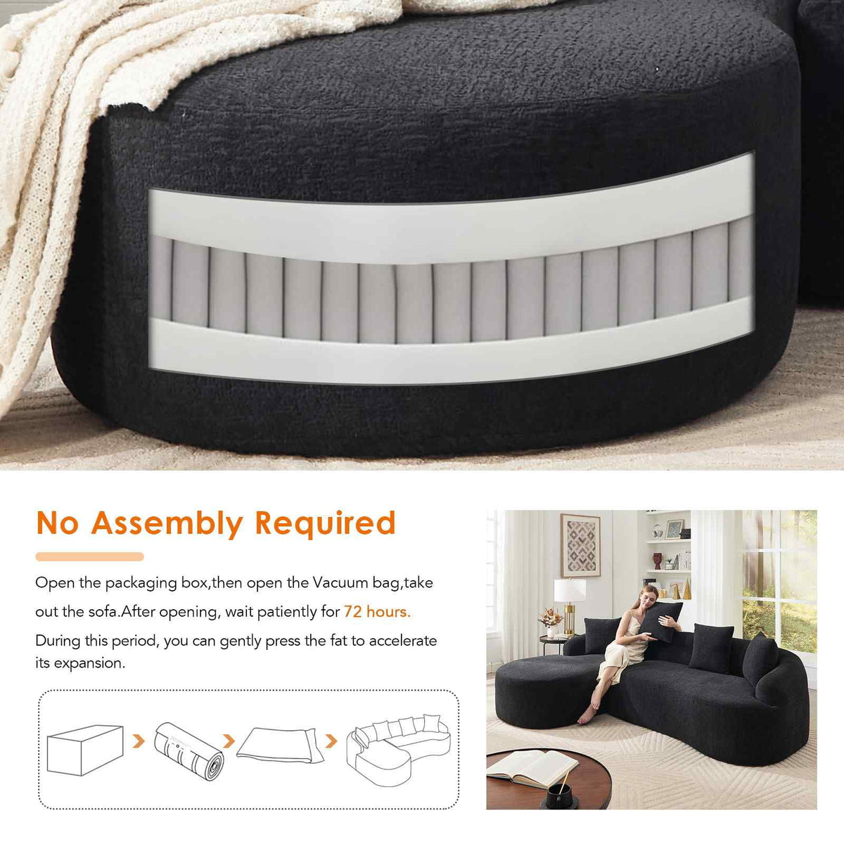 Timbernest 99" Cloud Sectional Couch, L-Shape Modular Chenille Sofa for Living Room, No Assembly Required, Black