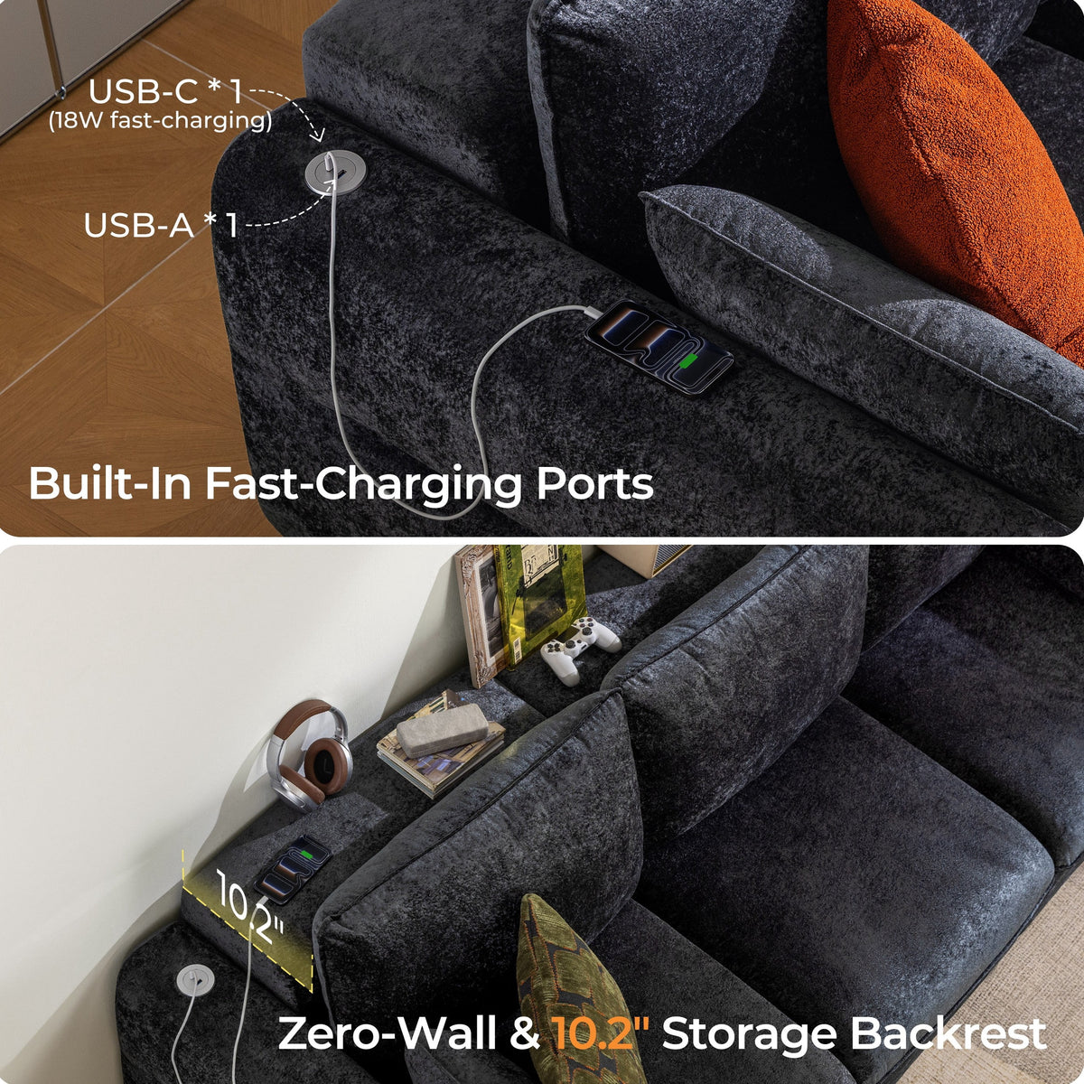 CHIC HOUSE 104" Electric Extendable Sofa Bed with Triple Motor, Convertible Smart Power Reclining Sleeper Sofa Deep Seat 3-Seat Couch with Solid Wood Frame in Velvet, Black