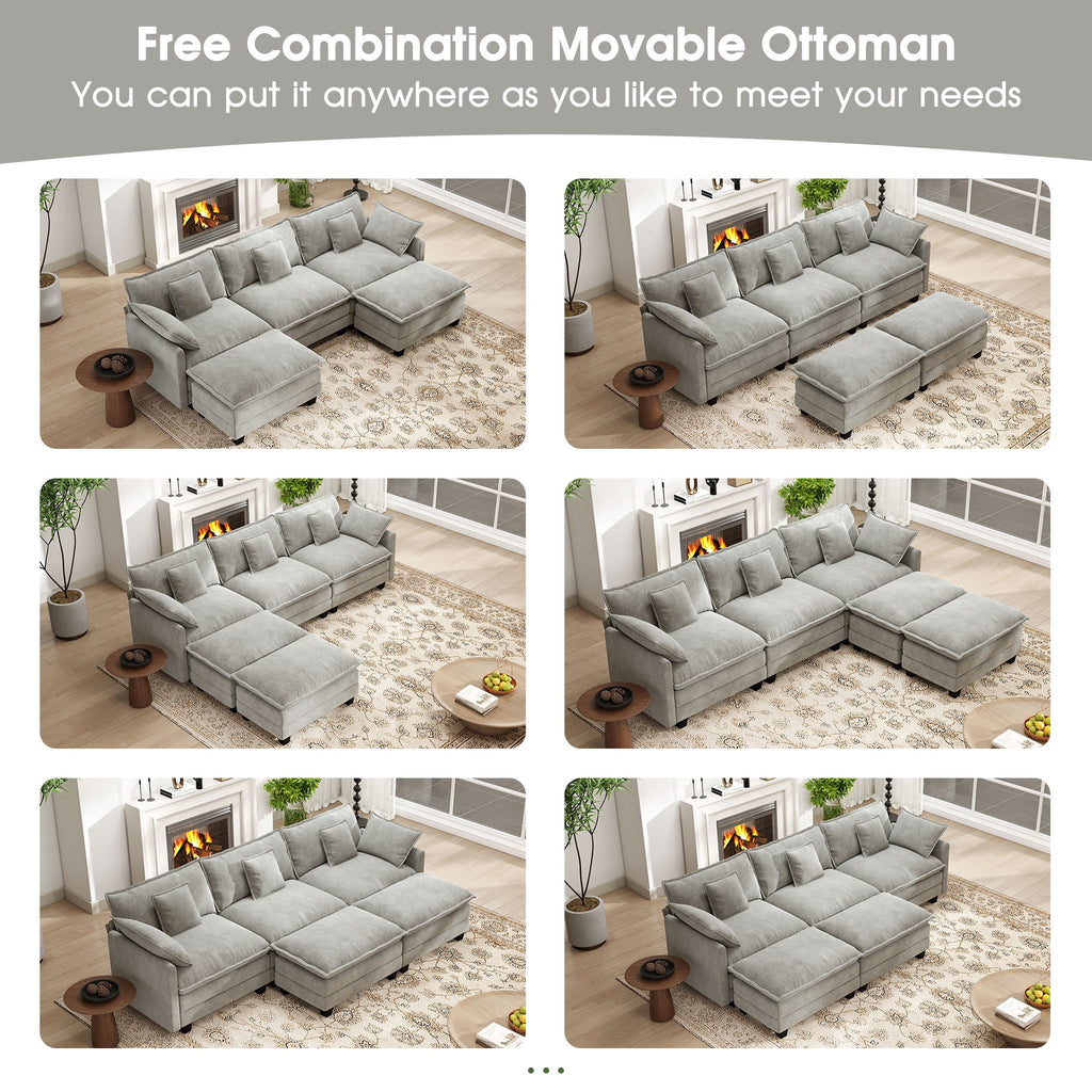  111.5'' Modular Sectional Sofa with Movable Ottomans, U Shaped Cloud Couch for Living Room, 3-Seat, Grey