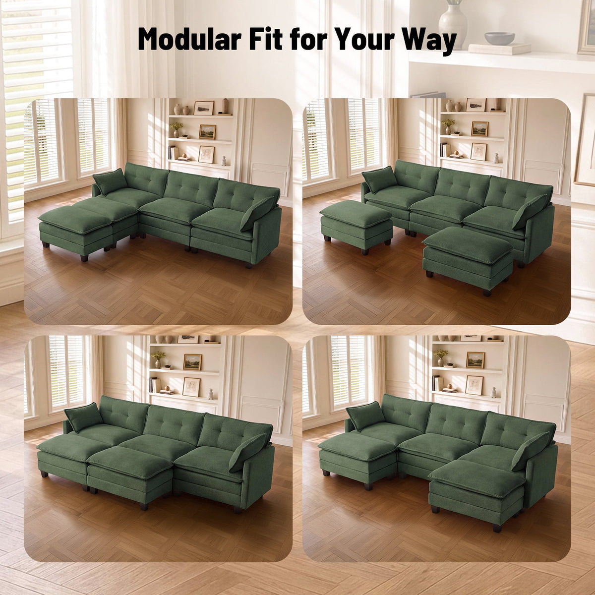 Amsleekey 111.5" Modular Sectional Sofa with 2 Movable Ottomans, U-Shaped Modern Corduroy Cloud Couch for Living Room, Comfy Deep Seat, Green