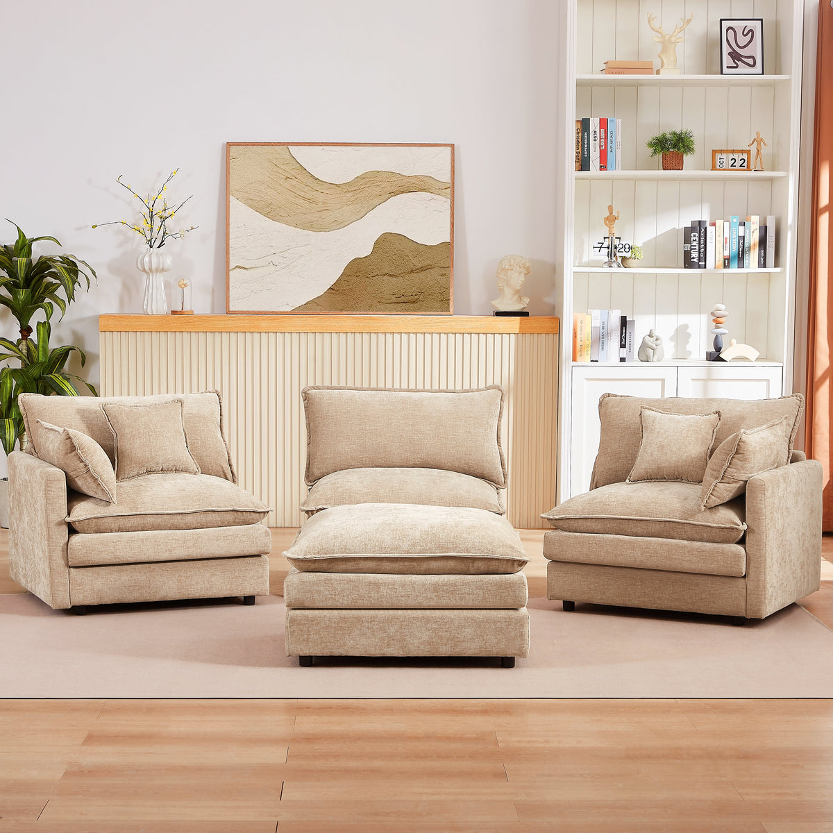 Eyisean 102" Chenille Modular Sectional Sofa with Ottoman, 3-Seater L Shape Cloud Couch with Upholstered & Pillow, Comfy Sleeper Sofa for Living Room, Bedroom, Office, Easy Assembly