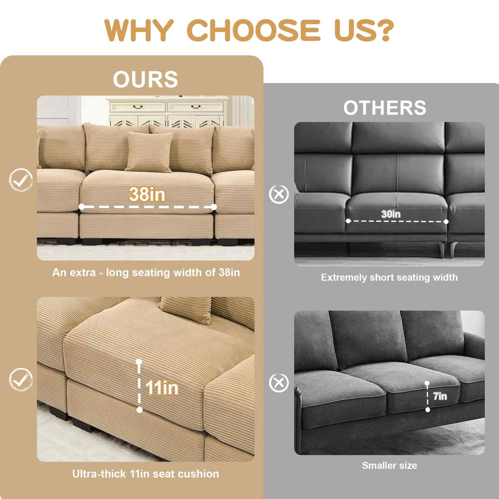 FFH 130" Oversized Modular Cloud Sofa, Cloud Sectional Couch for Living Room, 3 Seater Corduroy Sofa with Deep Seat, Easy Assembly, Camel