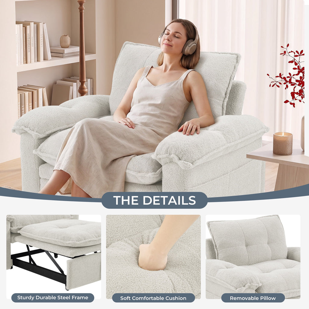  Set of 2 3-in-1 Pull Out Sofa Bed Chairs, Soft Fabric Convertible Design with Side Storage, White