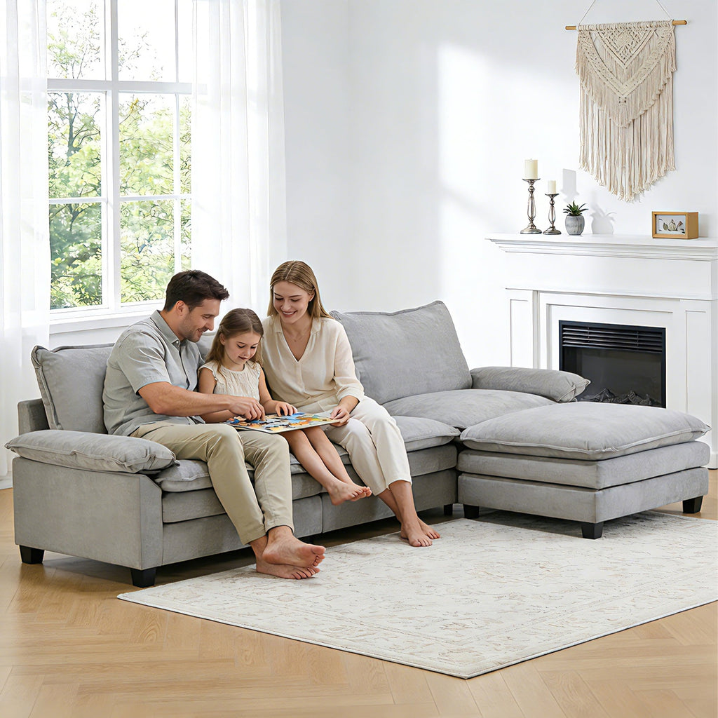  122" W L Shaped Sectional Sofa, Modern Chenille Deep Seat Cloud Couch with Movable Chaise, Plush Living Room Couches for Apartment, 3-Seater Light Gray