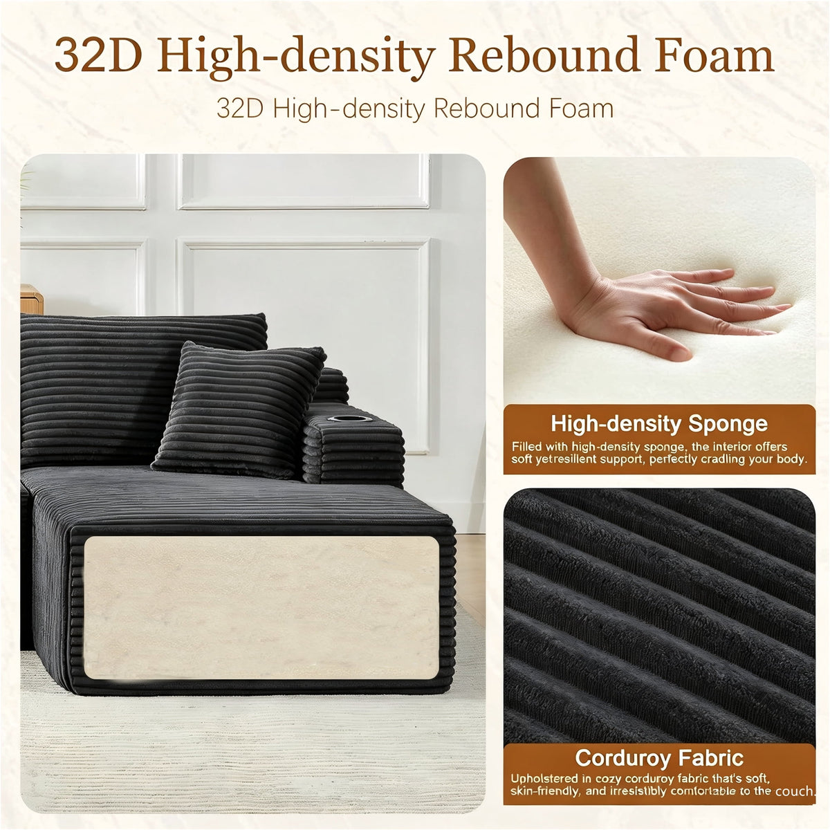 132" U Shape Cloud Sectional Sofa Oversized Modular Boneless Couch, Double Chaise Corduroy Sofa for Living Room, Dark Gray