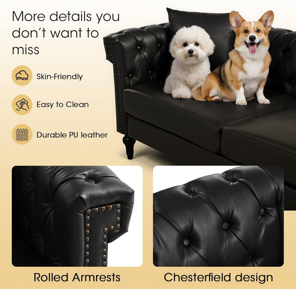  Sectional Sofa, 100" x 100" Chesterfield Sofa with Rolled Arms and Nailhead, 5 Seat Faux Leather Tufted Couch for Living Room Black
