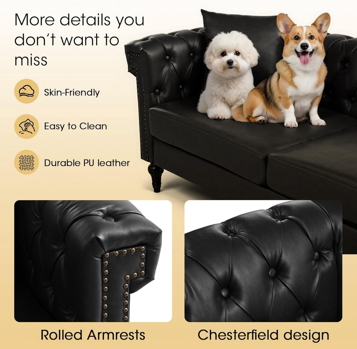  Sectional Sofa, 100" x 100" Chesterfield Sofa with Rolled Arms and Nailhead, 5 Seat Faux Leather Tufted Couch for Living Room Black