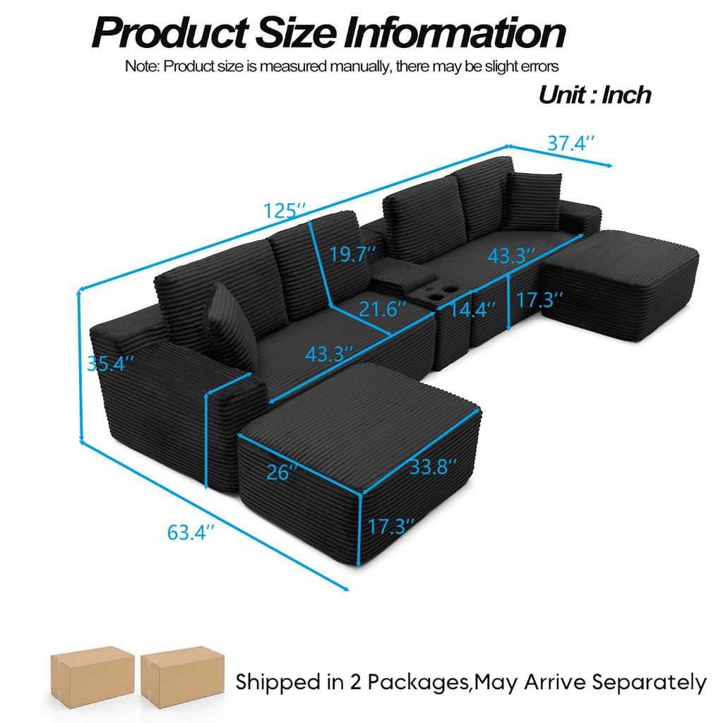  125 Inch Oversized Modern Cloud Couch, Modular Sectional Sofa Couch for Living Room, U Shape Couches with 2 Ottomans, USB Ports and Cup Holders, Corduroy Boneless Sofas, Black