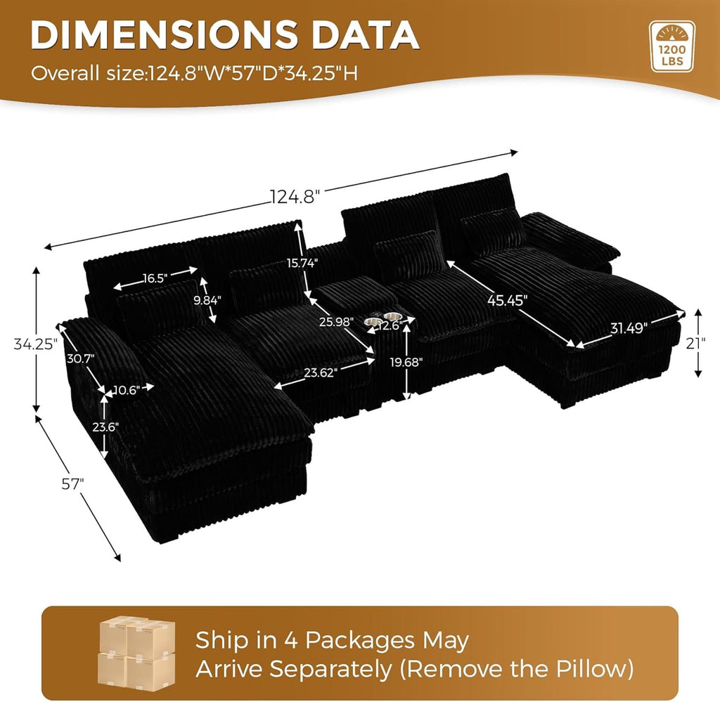 Vinform 124" U Shaped Cloud Couch Sectional with USB Charging, Hidden Storage, Cup Holders & Double Chaise, Black