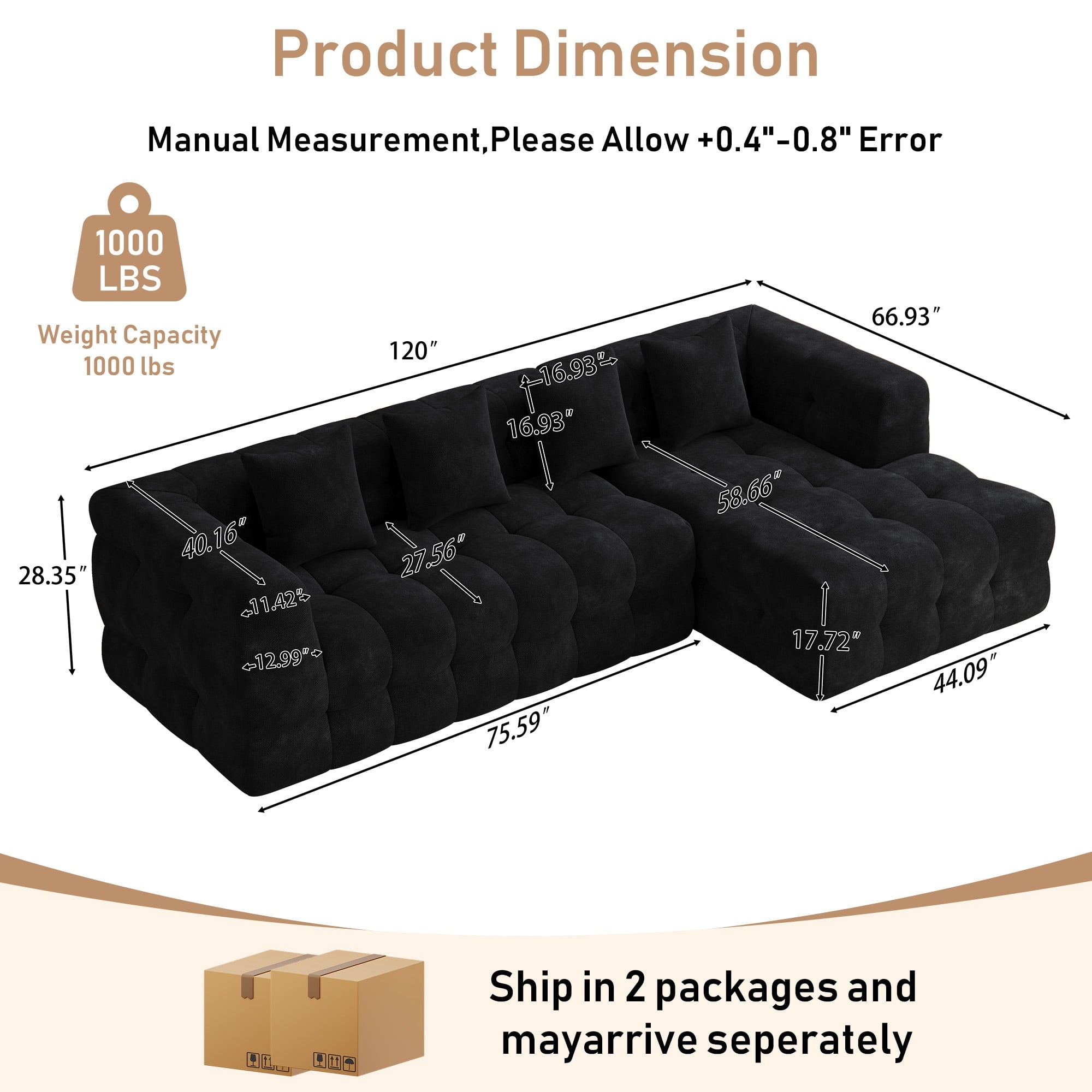 Wiilayok 120" Boneless Oversized Cloud Couch, Right Facing L-Shaped Chenille Sectional Sofa with Chaise Lounge, Deep Seat Upholstered Living Room Sofa with 4 Pillows, No Assembly, Black