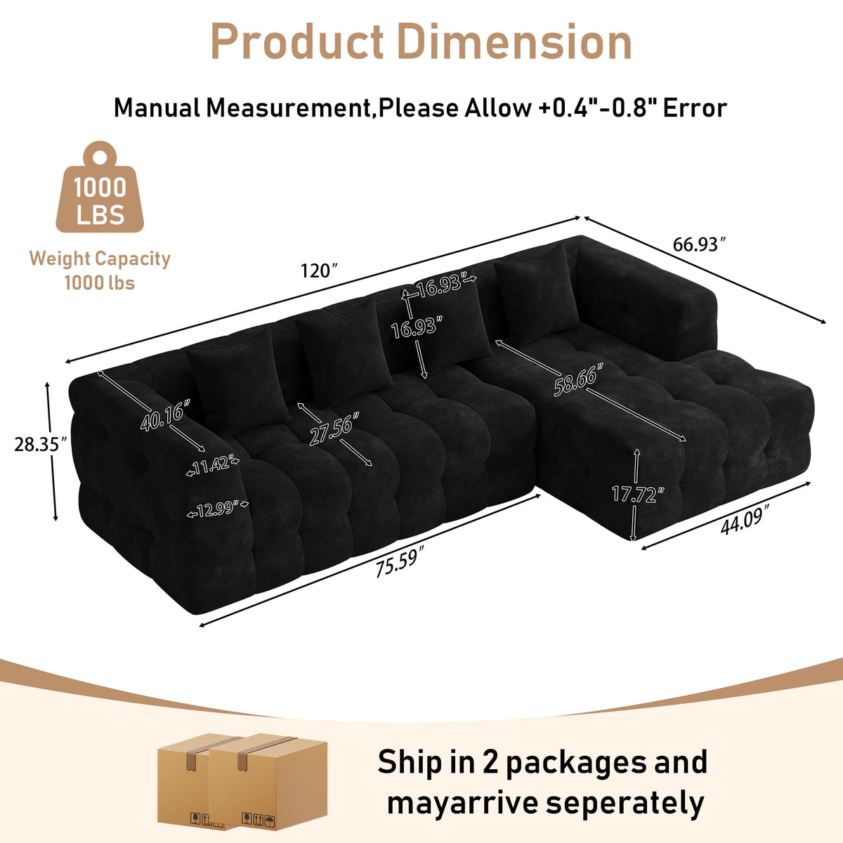 Wiilayok 120" Boneless Oversized Cloud Couch, Right Facing L-Shaped Chenille Sectional Sofa with Chaise Lounge, Deep Seat Upholstered Living Room Sofa with 4 Pillows, No Assembly, Black