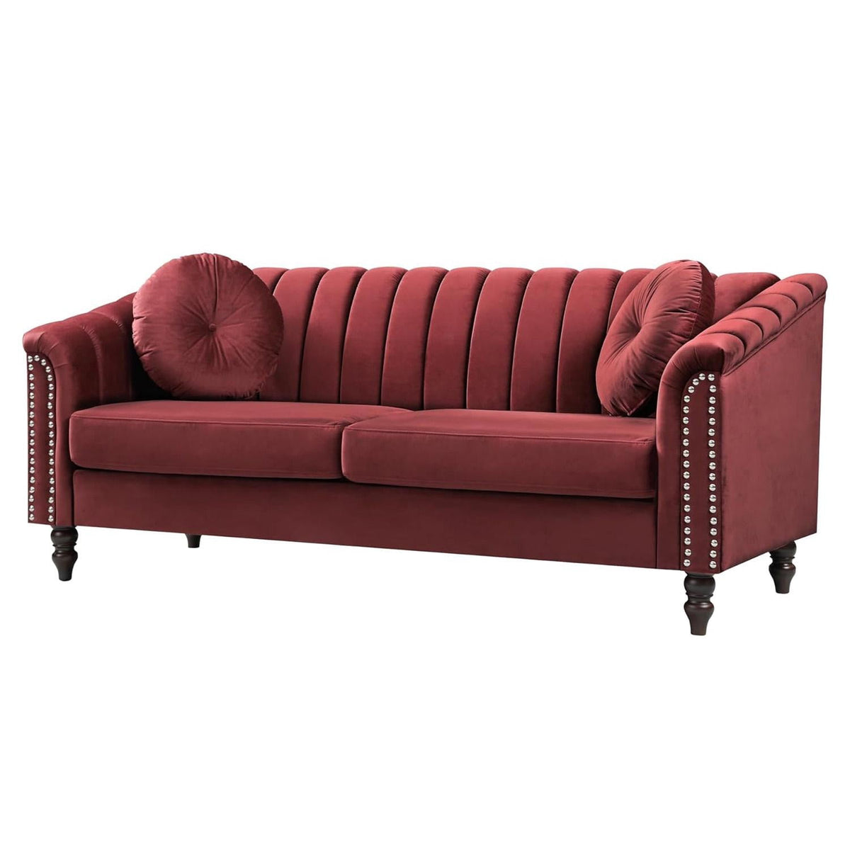 Chesterfield Velvet Sofa Couch with Nailhead Trim and 2 Pillows for Living Room,Red