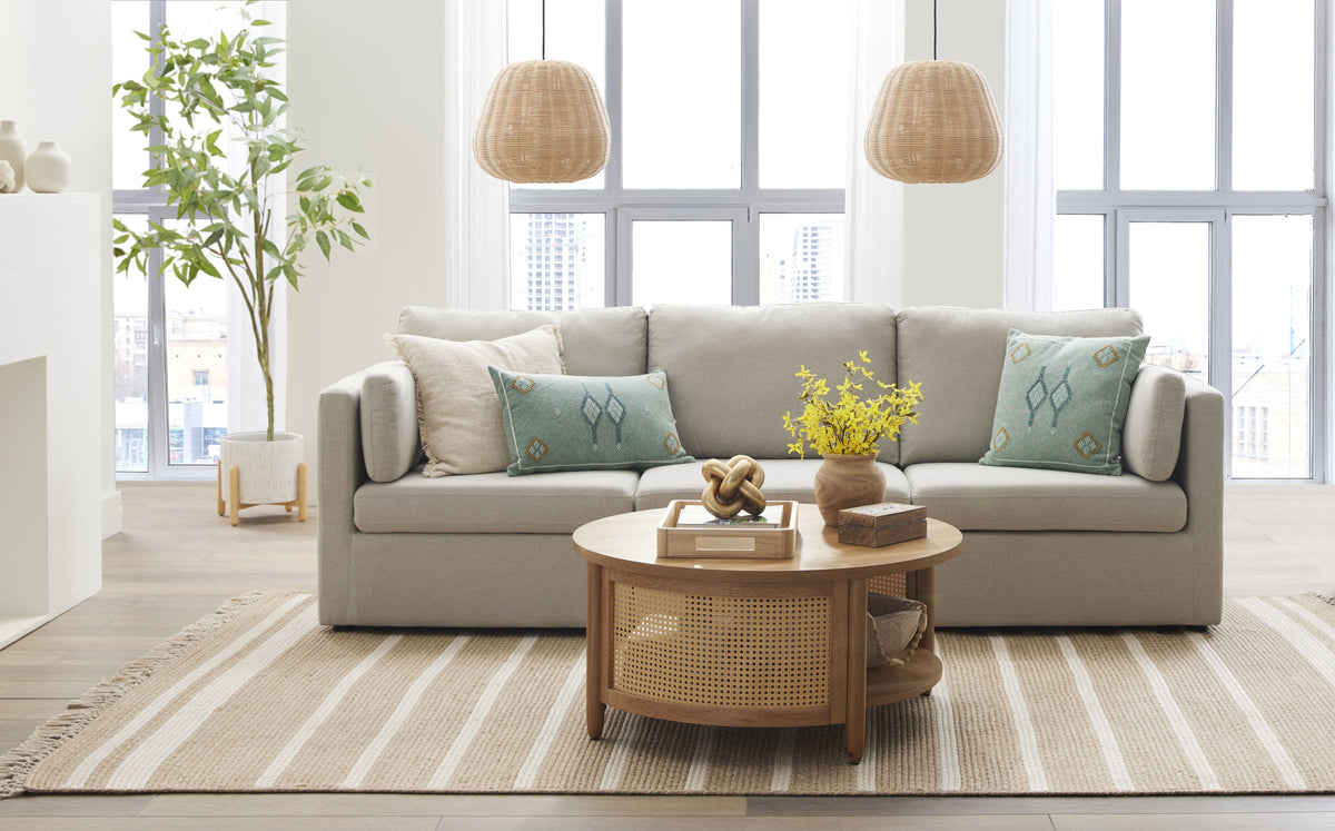  100'' Modular Sectional Sofa with Storage Ottoman, White Linen