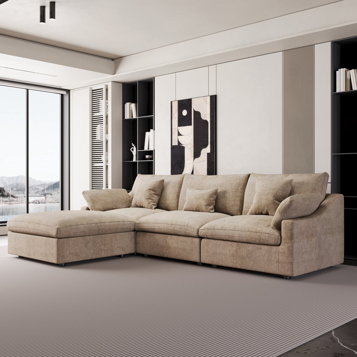 The Magic Home Modular Sofa & Sectional Sofa - L Shaped Deep Seat Cloud Couch in Soft Linen Blend Fabric,Perfect for Apartment & Small Space Living,3-seat Sofa with Ottoman,Khaki Couch