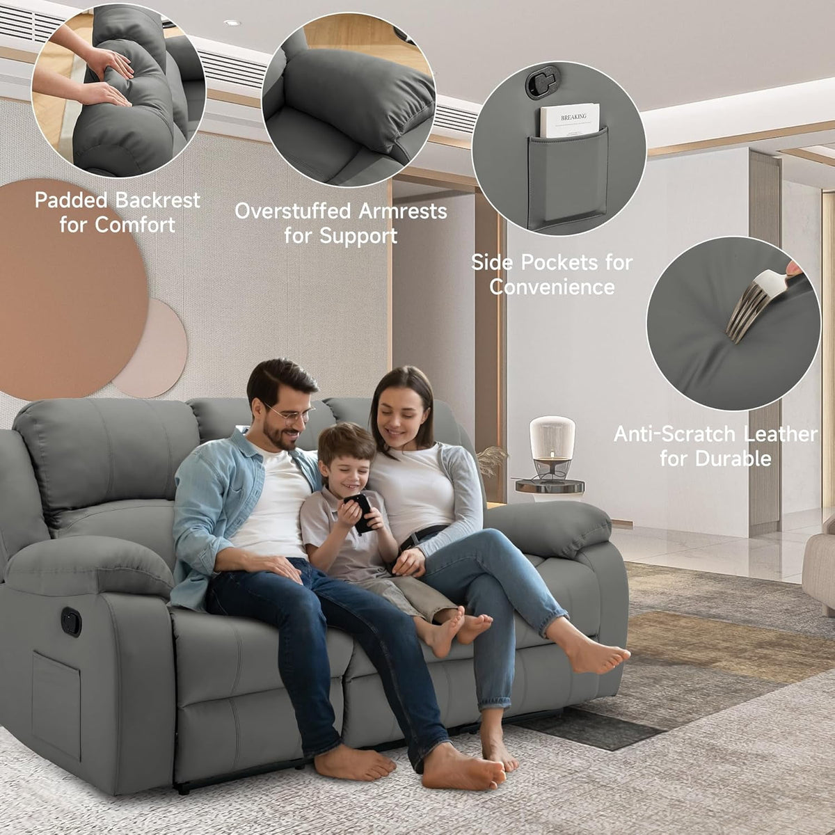 Chizzysit Reclining Couch Sleeper Sofa Set Chaise Lounge Chair Leather Recliner Couch Loveseat for Living Room, Theater Seating - Gray