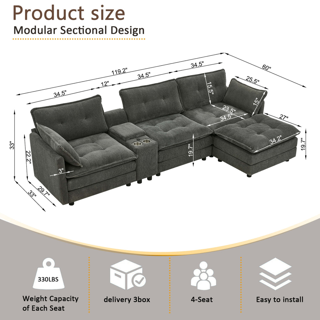 Anpport 119" L-Shaped Modular Sectional Sofa with Removable Ottoman for Living Room, Corduroy, Dark Gray