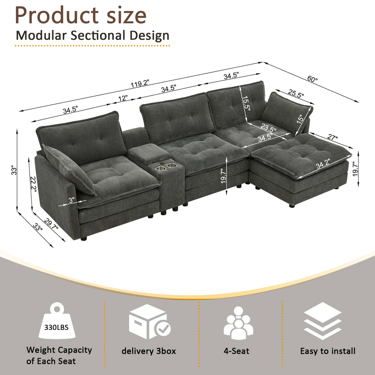 Anpport 119" L-Shaped Modular Sectional Sofa with Removable Ottoman for Living Room, Corduroy, Dark Gray